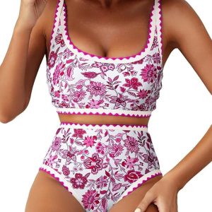 Herseas Women's Bikini Sets Floral Print Whip Stitch 2 Piece Swimsuits High Waisted Scoop Bathing Suits