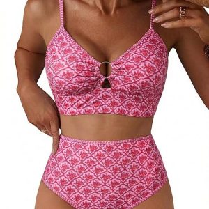 Herseas Women's O Ring Bikini Sets 2 Pieces Floral Print Swimsuits High Waisted Bathing Suits