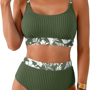 Herseas Women's Textured Bikini Sets Floral Print Trim Scoop Neck Swimsuits High Waisted Bathing Suits