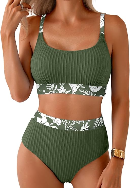 Herseas Women's Textured Bikini Sets Floral Print Trim Scoop Neck Swimsuits High Waisted Bathing Suits Herseas Women's Textured Bikini Sets Floral Print Trim Scoop Neck Swimsuits High Waisted Bathing Suits