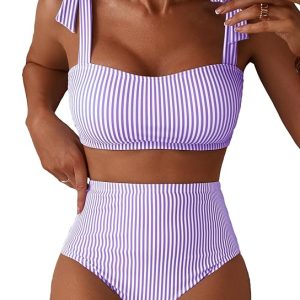 Herseas Women's Tie Shoulder Bikini Sets 2 Piece Striped Swimsuits High Waisted Bathing Suits