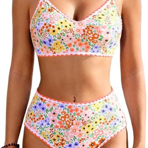 Jolefille High Waisted Bikini Sets for Women Tummy Control Swimsuit Two Piece Bathing Suit Modest Swimwear Cute Floral Teens