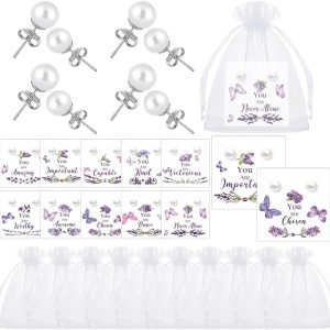 Landical 20 Sets International Women's Day Gifts Bulk Inspirational Christian Gifts Pearl Earrings with Inspirational Cards for Women