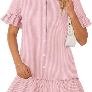 MEROKEETY Women's 2026 Summer Casual Shirt Dress Button Down Ruffle Sleeve Shift Mini Dresses with Pockets
