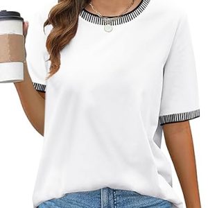 MEROKEETY Women's Summer Tops 2026 Short Sleeve Casual Trendy Striped Color Block T Shirts Loose Blouse