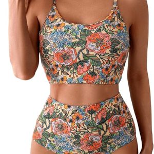 Milumia Women's Floral Print Tankini Swimsuit High Waisted Tummy Control Two Piece Bathing Suits