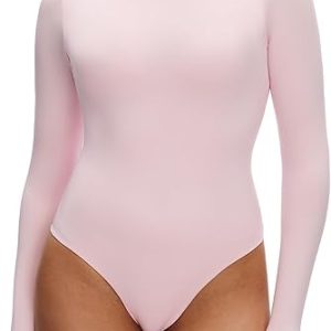 NANJI Long Sleeve Bodysuit for Women - Slim Fit Crew Neck Thong Body Suit, Stretch Double Lined Snap Tops, Casual Going Out