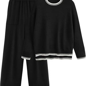 PRETTYGARDEN Women's 2 Piece Knit Sweater Outfit Casual Long Sleeve Pullover Wide Leg Pants Tracksuit Loungewear Set
