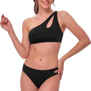 Period Swimwear One Shoulder Bikini Set Menstrual Leakproof Two Piece Swimsuit Side Cutout Bathing Suit for Teens