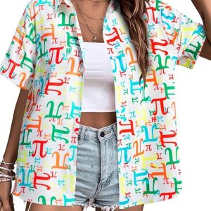 Pi Day Math Shirt Women Men 3.14 Mathematics T-Shirt Funny Pi Day Spiral Teacher Tee Casual Button Down Short Sleeve Tops