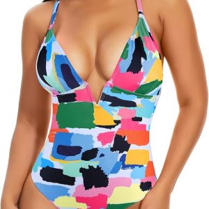 SHAPERIN Women's One Piece Swimsuit Deep V Neck Bathing Suits Tummy Control Push Up Padded Swimwear