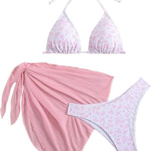 SHENHE Women's 3 Piece Floral Bikini Set with Wrap Coverup Halter Triangle Swimsuits