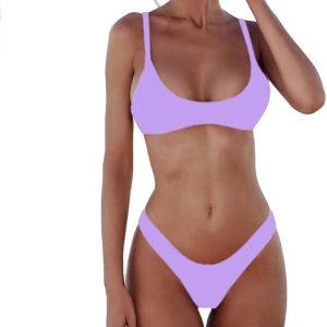 SherryDC Women's Solid Scoop Neck Push Up Padded Brazilian Thong Bikini Swimsuit Bathing Suit