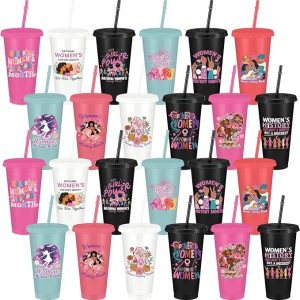 Skylety 24 Pcs Womens History Month Gift Drinking Cups Bulk 24oz with Lids Straws Reusable Plastic Inspirational Tumbler March Feminist International Womens Day