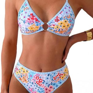 Tainehs Women's Two Piece Bikini Sets O Ring Front Top Ditsy Floral Triangle Swimsuits Cheeky Bathing Suit
