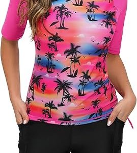 Tournesol Women's Two Piece Rash Guard Short Sleeve Swim Shirts UPF 50+ Built in Bra Swimsuit with Boyshorts with Pockets