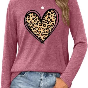 Valentines Shirts for Women: Pink Valentines Day Outfit Long Sleeve T-Shirt Love Heart Graphic Casual Tee Tops