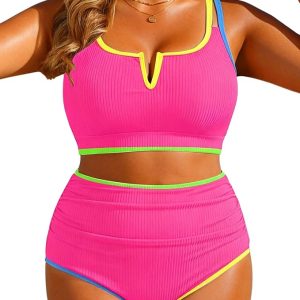 Women Plus Size High Waisted Bikini - Ribbed Two Piece Swimsuit Tummy Control Bathing Suit V-Wired 2025 Swimwear