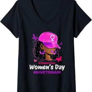 Women's International Women's Day 2026 Give to Gain Afro Black Women V-Neck T-Shirt
