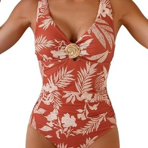 Women's One Piece Swimsuit Tummy Control Ruched Bathing Suit Slimming V Neck Metal Swim Suit