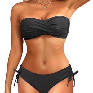Women's Strapless Bandeau Bikini Set - Twist Front Two Piece Swimsuit Top with Side Tie Bathing Suit Bottom