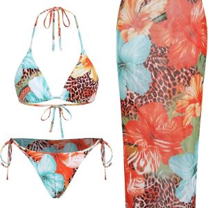 ZAFUL Womens 3pcs Swimsuit Floral Halter Triangle Bikini Top Tie Side Bottom with Long Sheer Cover Up Skirt