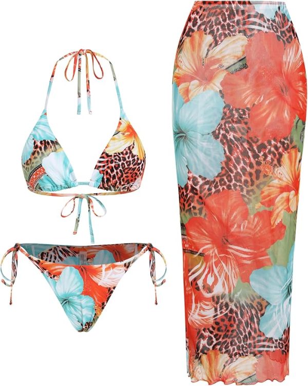 ZAFUL Womens 3pcs Swimsuit Floral Halter Triangle Bikini Top Tie Side ...