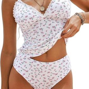 ZAFUL Women's Spaghetti Strap Tankini Swimsuits V Neck Tummy Control Tie Side Thong Bikini Swimsuits 2 Piece Bathing Suits