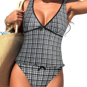 ZAFUL Women's Tankini Swimsuits V Neck Tummy Control Bow Color Block Two Piece Swimsuit Bathing Suit