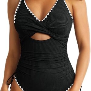 Aleumdr Women's Ribbed One Piece Swimsuit Tummy Control High Cut Bathing Suit Sexy V Neck Criss Cross Monikini