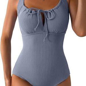 Aleumdr Womens Textured One Piece Swimsuit Tummy Control Bathing Suit Tie Knot Cutout Swimwea