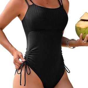 Charmo Ribbed One Piece Swimsuit Women High Cut Bathing Suit Tie Side Spaghetti Strap Modest Monikini Swimwear