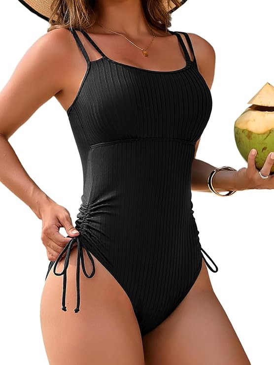 Charmo Ribbed One Piece Swimsuit Women High Cut Bathing Suit Tie Side Spaghetti Strap Modest Monikini Swimwear Charmo Ribbed One Piece Swimsuit Women High Cut Bathing Suit Tie Side Spaghetti Strap Modest Monikini Swimwear