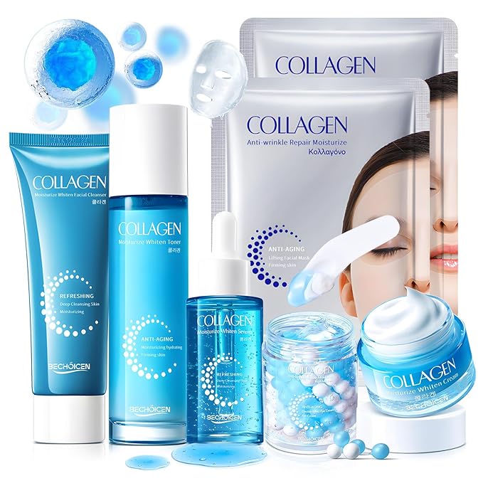 Collagen Skincare Set for Women – 7Pcs Face Care Kit with Cleanser,Toner,Serum,Eye Cream,Face Cream & Masks Collagen Skincare Set for Women – 7Pcs Face Care Kit with Cleanser,Toner,Serum,Eye Cream,Face Cream & Masks