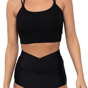 Coral Reef Swim Tankini Swimsuits for Women - Double Strap Tankini Top & High Rise V-Cut Bikini Bottoms Set - Black (XXS-3XL)