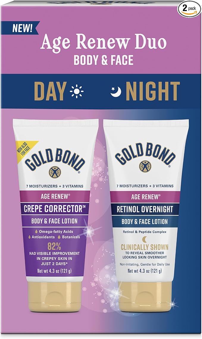 Gold Bond Age Renew Day & Night Duo Lotion Set for Body & Face, Crepe Corrector & Retinol Overnight Lotion Visibly Firms Gold Bond Age Renew Day & Night Duo Lotion Set for Body & Face, Crepe Corrector & Retinol Overnight Lotion Visibly Firms