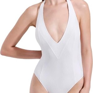 Gottex Luma Emanuelle One Piece-Textured Ribbed Fabric, Deep Plunge Neckline, Adjustable Halter Tie, Front & Back Lining