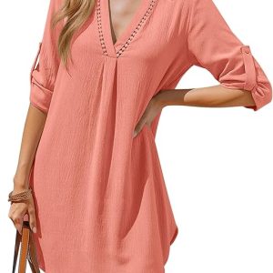 Halife Womens Swimsuit Coverup Shirt V Neck Eyelet Bathing Suit Cover Up Summer Beach Cover Ups Dress