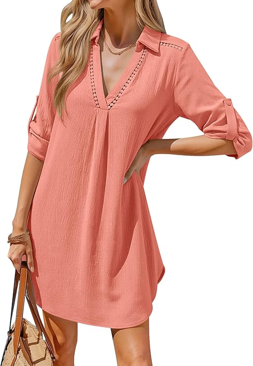 Halife Womens Swimsuit Coverup Shirt V Neck Eyelet Bathing Suit Cover Up Summer Beach Cover Ups Dress Halife Womens Swimsuit Coverup Shirt V Neck Eyelet Bathing Suit Cover Up Summer Beach Cover Ups Dress
