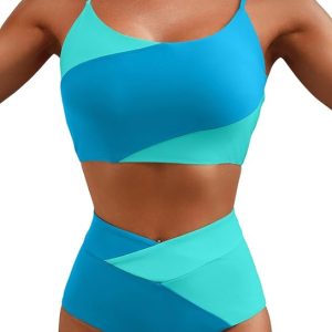Herseas Women 2 Piece High Waisted Bikini Sets Color Block Popular Swimsuit 2026 Summer Beach Best Bathing Suits