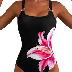 Herseas Women's Metal Ring Wide Straps One Piece Swimsuit Floral Print Tummy Control Bathing Suit
