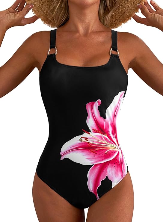 Herseas Women's Metal Ring Wide Straps One Piece Swimsuit Floral Print Tummy Control Bathing Suit Herseas Women's Metal Ring Wide Straps One Piece Swimsuit Floral Print Tummy Control Bathing Suit