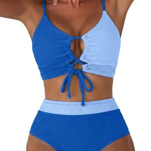 Herseas Womens Sexy Textured Bikini Sets High Waisted Tie Front Swimsuits 2 Piece Color Block Bathing Suits Resort Wear