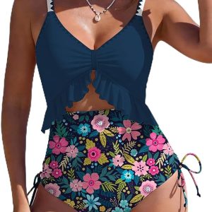 SHESHOW Womens Tummy Control One Piece Swimsuit High Waisted Cutout Ruffle Bathing Suit Color Block Swimsuits S-XXL