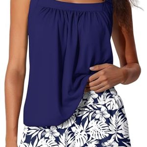 Summer Mae Blouson Womens Tankini Swimsuits 2026 Modest Tummy Control Bathing Suits Swim Shorts with Pockets for Beach