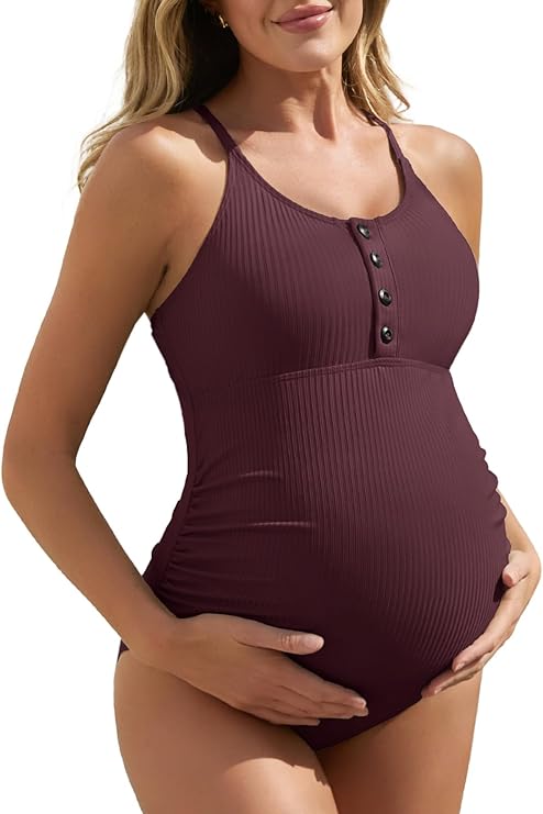 Summer Mae Maternity Swimsuit One Piece Bathing Suit Button Neck Cross Back Summer Mae Maternity Swimsuit One Piece Bathing Suit Button Neck Cross Back