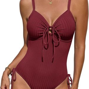 UMIPUBO Women's Ribbed One Piece Swimsuit Tummy Control Slimming High Cut Bathing Suit O-Ring Tie Cutout Push Up Swimwear