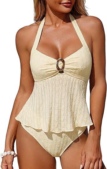 ZAFUL Halter Tankini Swimsuits for Women Lace O-Ring Cut Out Two Piece Tummy Control Swimsuits Bathing Suits ZAFUL Halter Tankini Swimsuits for Women Lace O-Ring Cut Out Two Piece Tummy Control Swimsuits Bathing Suits
