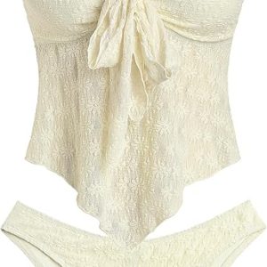 ZAFUL Tankini Swimsuits for Women Tie Front Ruffles Lace Textured High Cut Strapless Two Piece Swimsuit