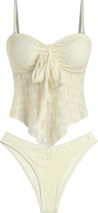 ZAFUL Tankini Swimsuits for Women Tie Front Ruffles Lace Textured High Cut Strapless Two Piece Swimsuit ZAFUL Tankini Swimsuits for Women Tie Front Ruffles Lace Textured High Cut Strapless Two Piece Swimsuit